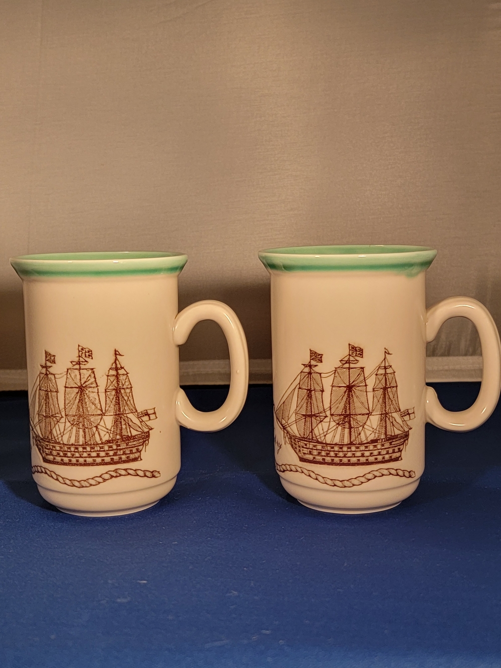Nautical Ship Ceramic Mug Set with Seafoam Rim - 2 Pc